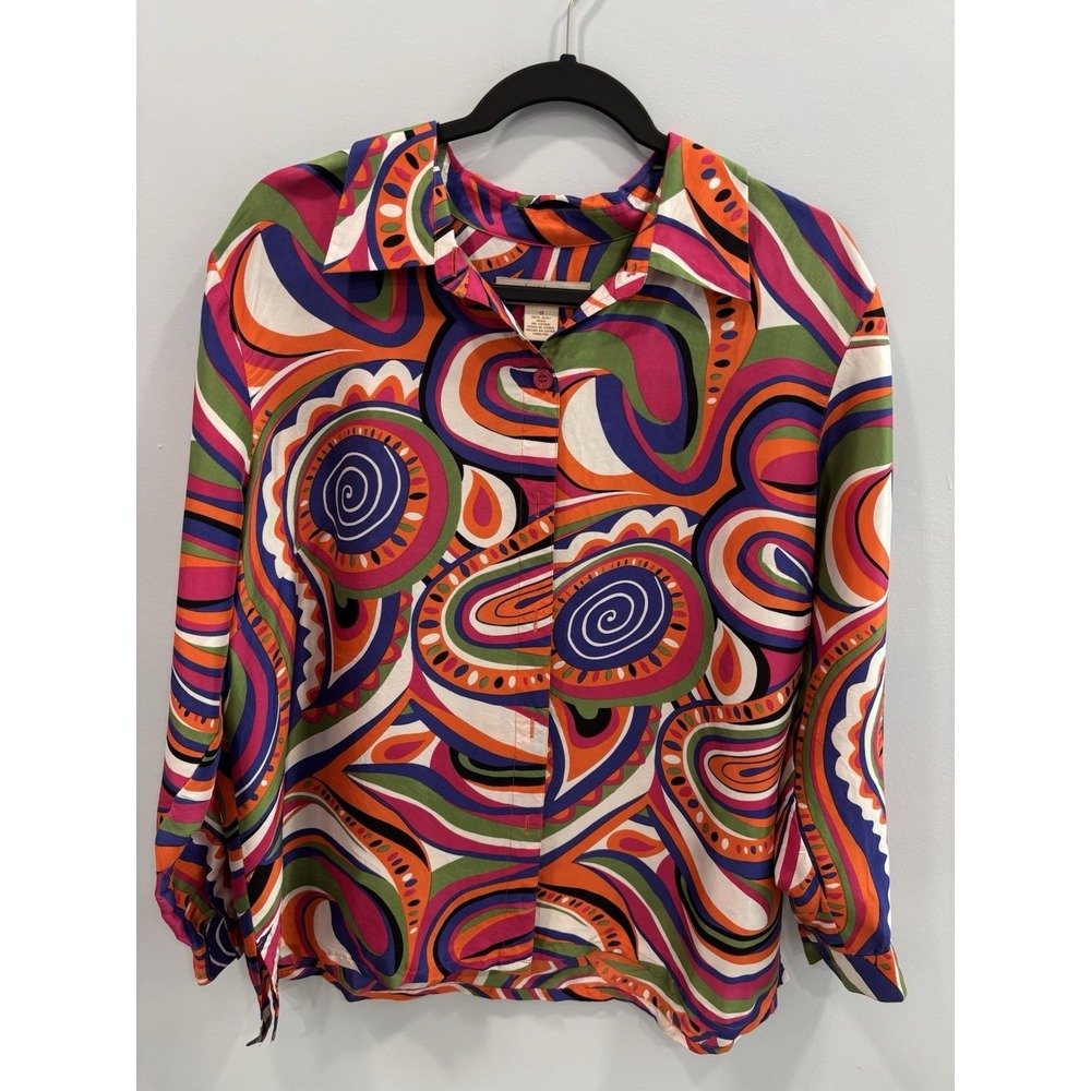 Clothes 1X 100% Silk Colorful Paisley Retro Button Front Blouse Top Maximalist - Picture 3 of 8